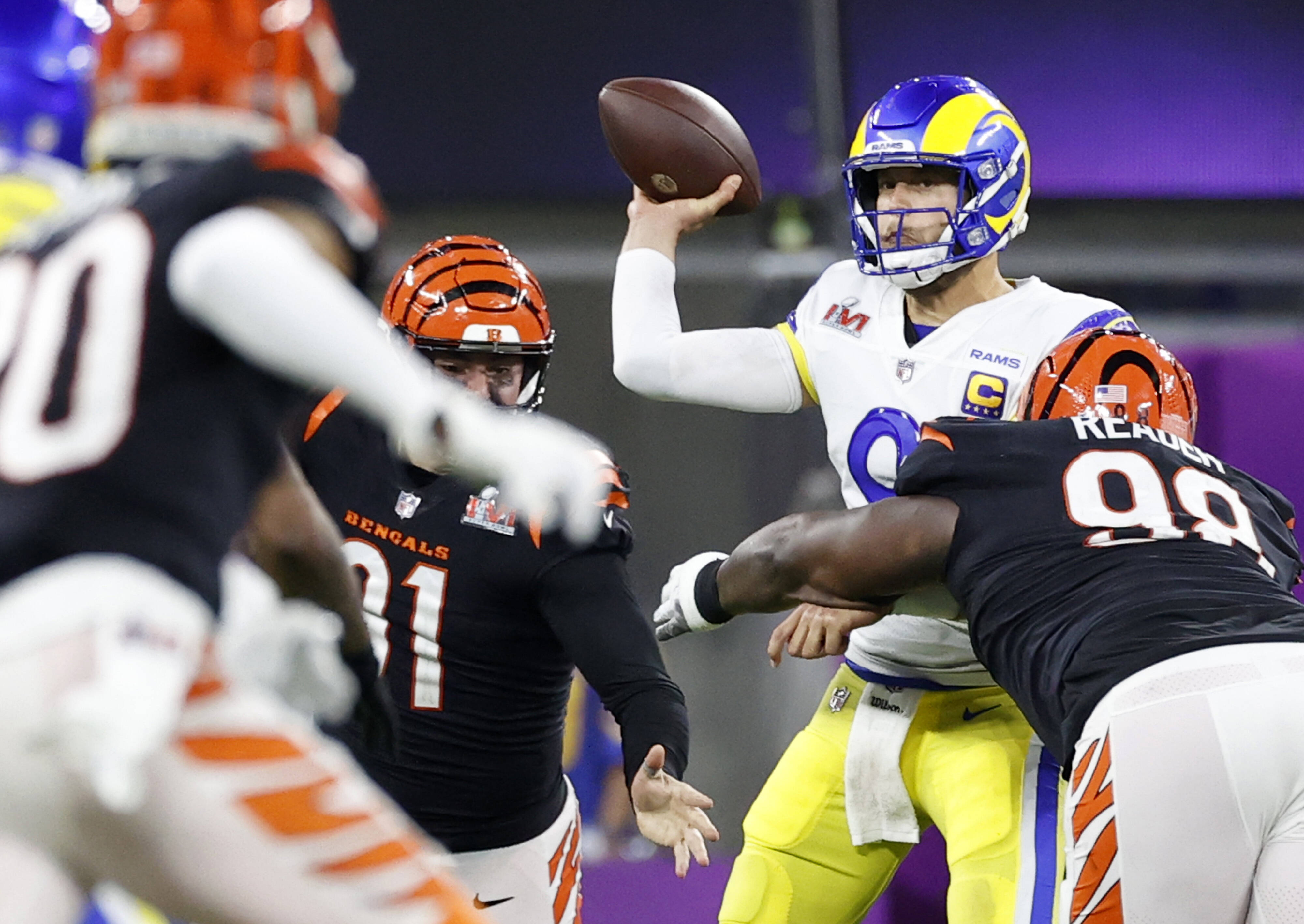 IMAGO / UPI Photo / John Angelillo | Los Angeles Rams quarterback Matthew Stafford (9) throws a pass in the third quarter of the Super Bowl LVI. February 13, 2022.